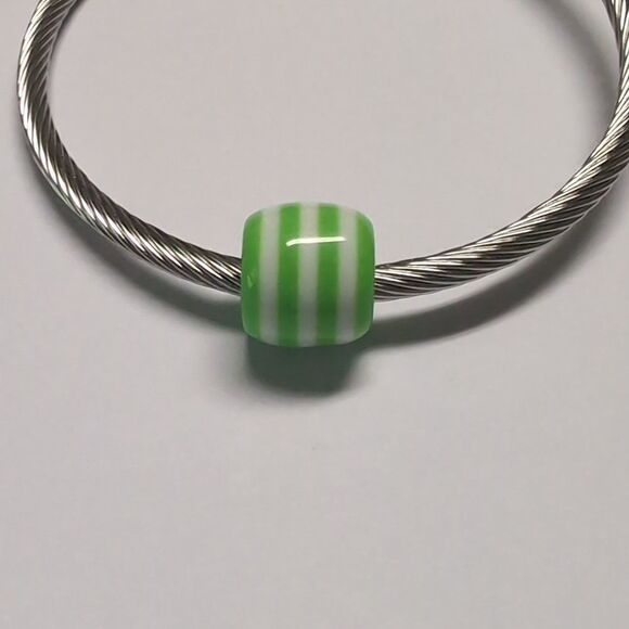 Green and White Striped Charm for Pandora Style Bracelet - Picture 1 of 4